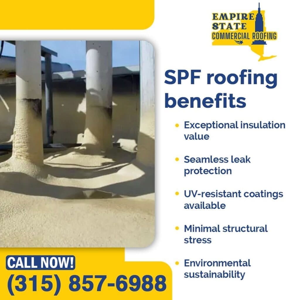 Close-up of spray polyurethane foam (SPF) being applied to pipes on a commercial roof.