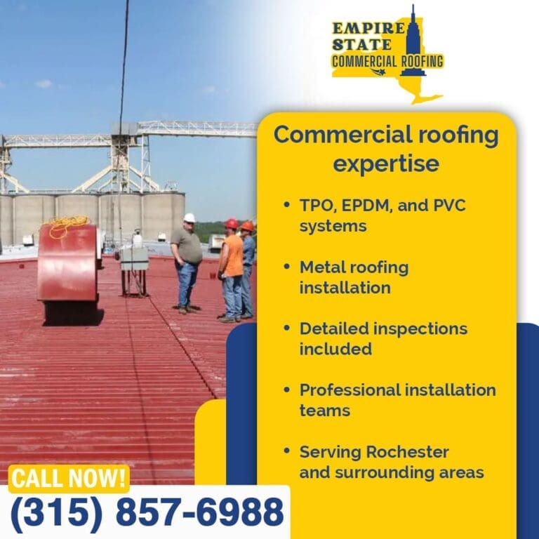 A team of Empire State Commercial Roofing employees on a large commercial roof.