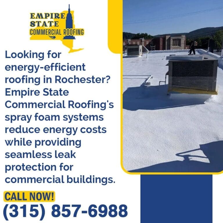 Empire State Commercial Roofing's spray foam system on a flat commercial roof in Rochester, New York.