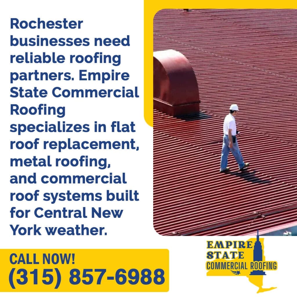 A roofer in a hard hat walks across a red metal roof with a view of a city skyline.