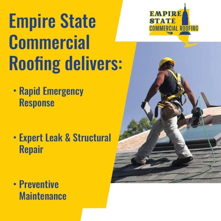 A commercial roofer in a harness and hard hat works on a residential-style shingle roof.