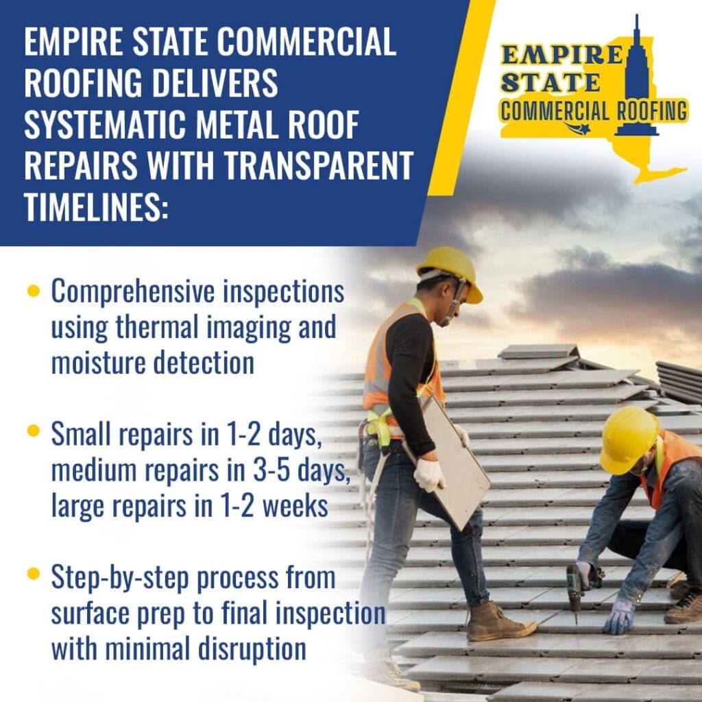 Two workers in hard hats and safety vests performing repairs on a grey tiled roof against a sunset sky. Key service points listed include comprehensive thermal imaging inspections, repair timelines ranging from 1 day to 2 weeks, and a step-by-step process with minimal disruption.