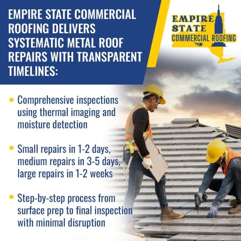 Two workers in hard hats and safety vests performing repairs on a grey tiled roof against a sunset sky. Key service points listed include comprehensive thermal imaging inspections, repair timelines ranging from 1 day to 2 weeks, and a step-by-step process with minimal disruption.