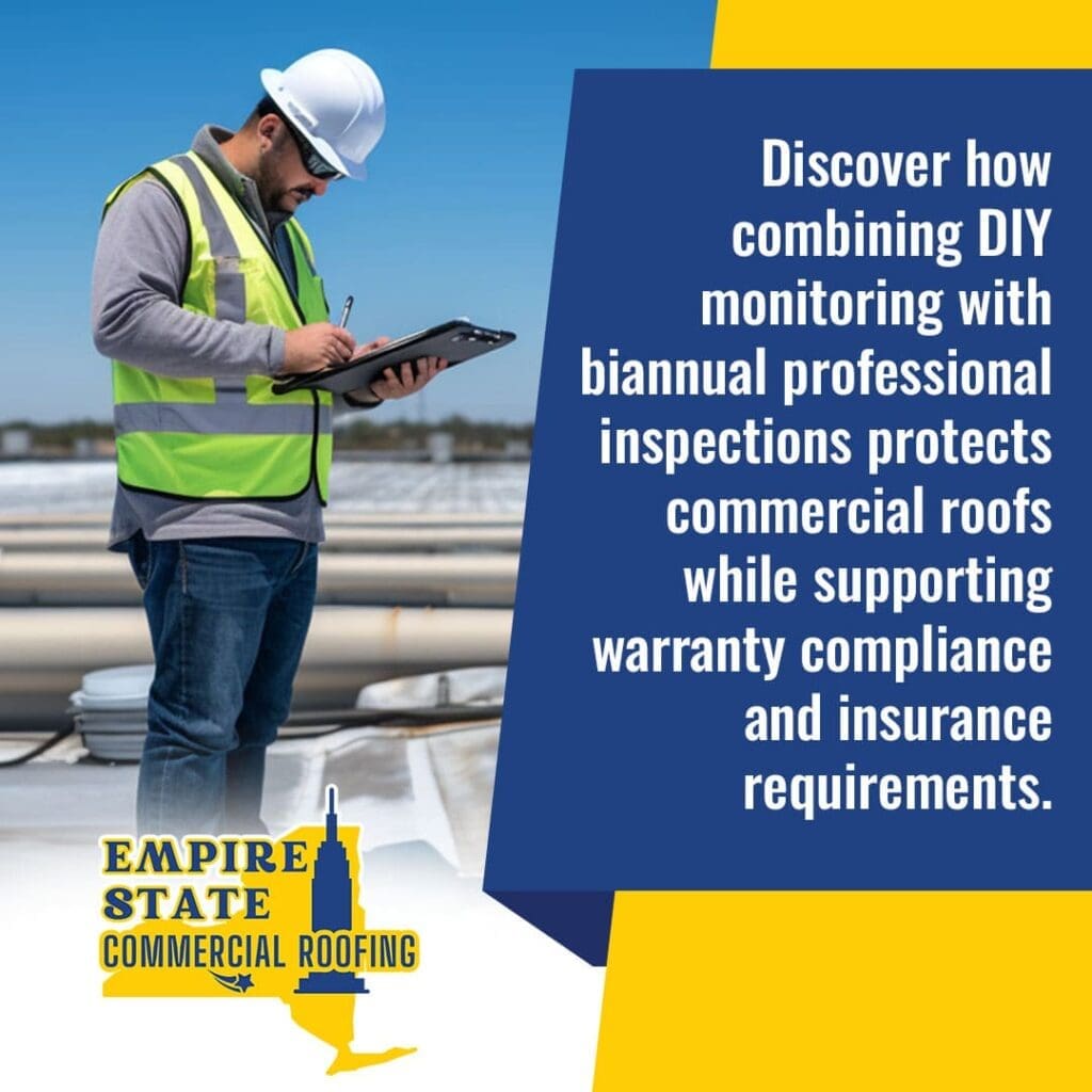 A commercial roofing inspector in a hard hat and safety vest takes notes on a rooftop.