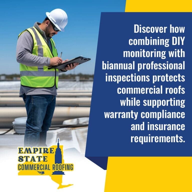 A commercial roofing inspector in a hard hat and safety vest takes notes on a rooftop.