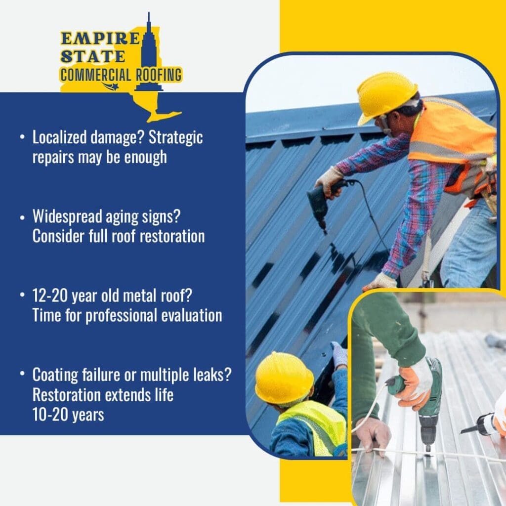 An educational graphic from Empire State Commercial Roofing featuring photos of workers repairing and drilling into metal roofing panels. The text outlines four key tips: strategic repairs for localized damage, full restoration for widespread aging, professional evaluations for 12-20 year old metal roofs, and how restoration can extend a roof's life by 10-20 years in cases of coating failure or leaks.