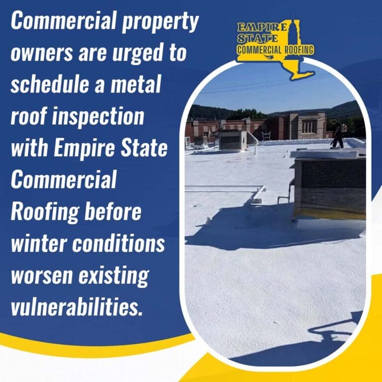 Commercial roofing technician inspecting a white metal roof before winter for maintenance and damage prevention.