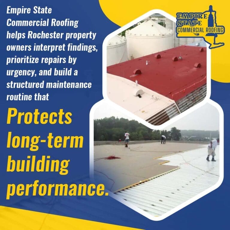 Workers performing maintenance and inspection on a large commercial metal roof to ensure long-term building performance.