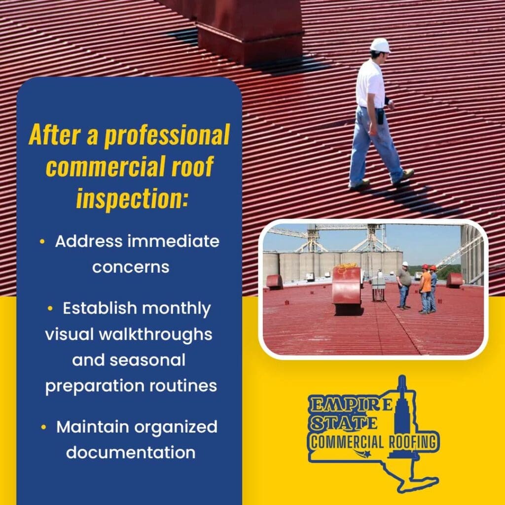 Roofing professional walking on a red metal commercial roof during a maintenance inspection.