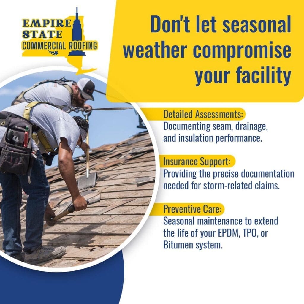 Roofing professionals performing commercial roof inspection and maintenance for storm damage and preventive care