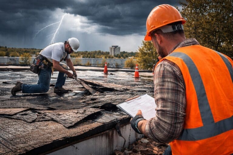 Commercial roofing contractors inspecting storm damage on flat roof with lightning and severe weather conditions in the background