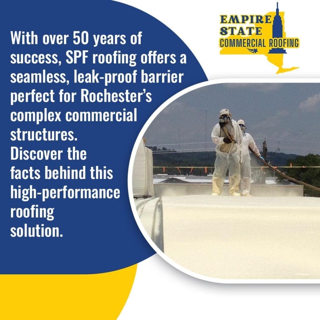 Workers installing spray foam roofing system on commercial building creating seamless waterproof barrier