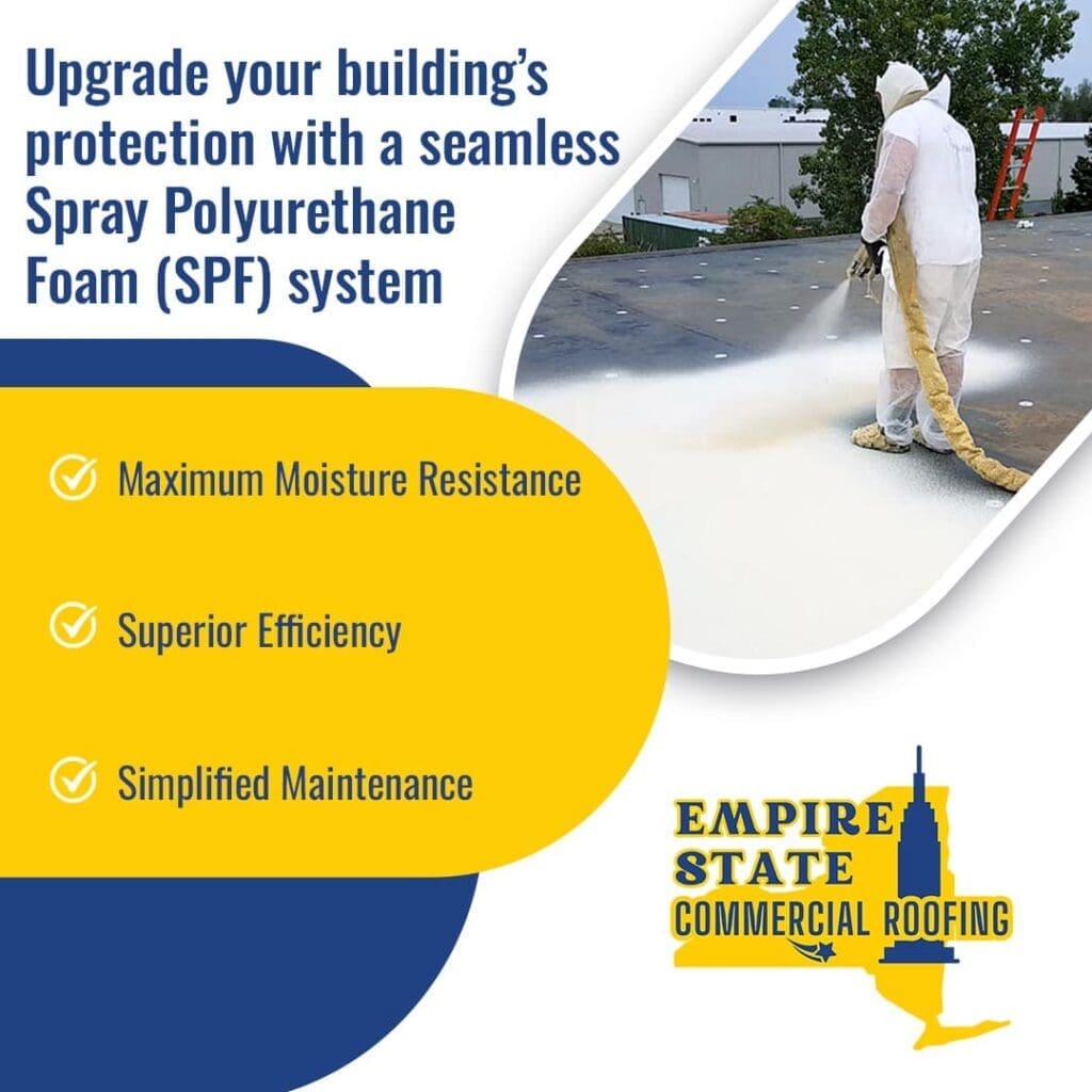 Commercial roofing contractor applying spray polyurethane foam (SPF) system on flat roof for waterproofing and insulation