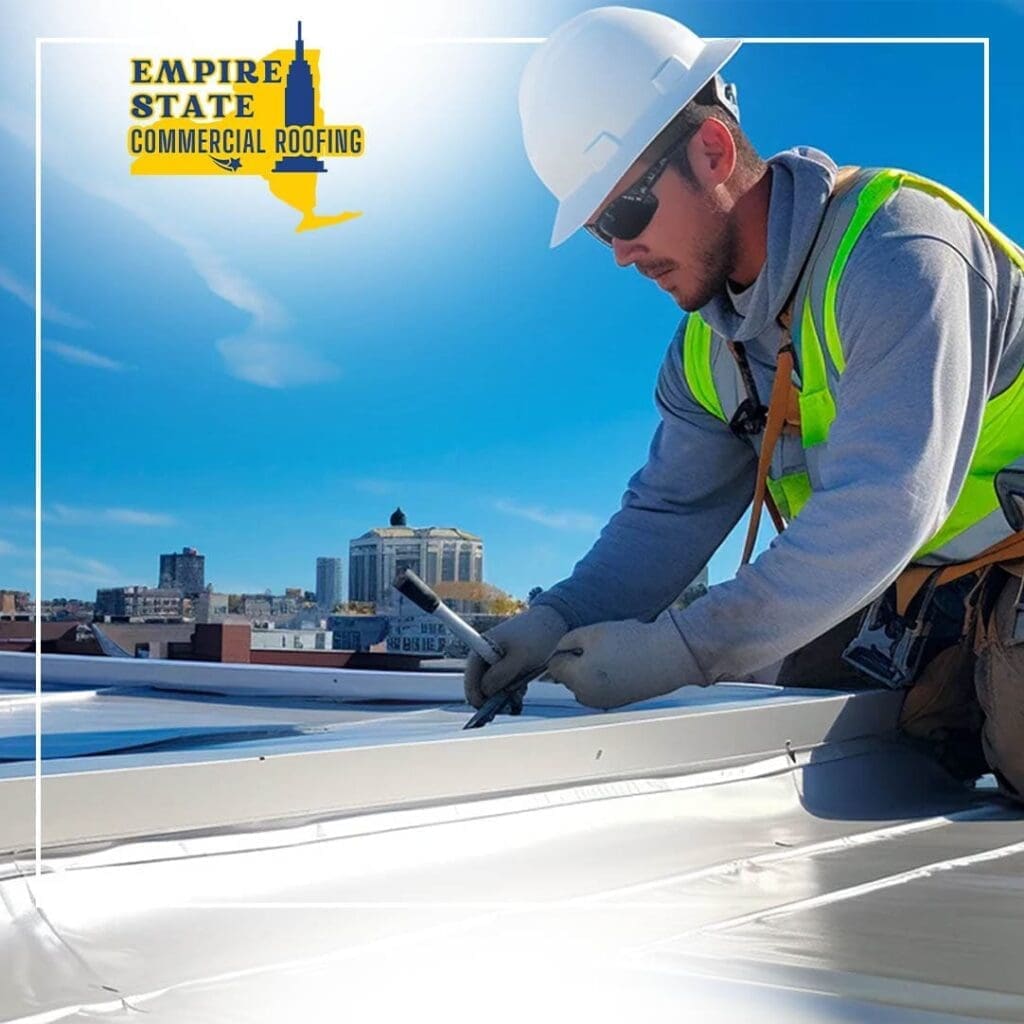 A roofing professional inspecting and preparing a TPO membrane surface for a commercial spray foam roofing upgrade in Rochester, NY.