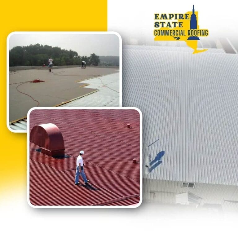 Before and after view of a warehouse roof restoration in Rochester, NY with white elastomeric coating applied over an aged metal roof.