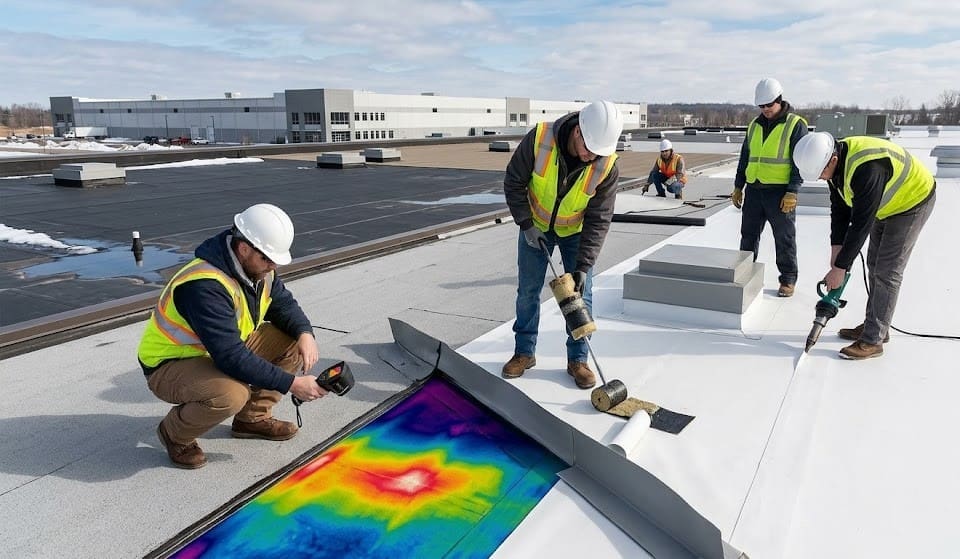 A photograph of multiple commercial roofing professionals performing complex flat roof repairs on a warehouse in Rochester, NY. One roofer is kneeling, using a thermal imaging camera to detect moisture through a colorful heat map overlay on the roof surface. Nearby, another roofer uses a seam roller, while a third professional operates a hot-air welding tool on a white TPO membrane seam. The image captures a large industrial flat roof with both black EPDM and white TPO sections, set against a background of warehouse buildings under a partly cloudy sky.
