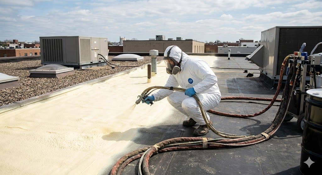 A commercial roofing contractor in full protective gear and a respirator applying spray foam roofing on a flat building in Rochester, NY. The installer is using a specialized spray gun and heated hoses to create a seamless, expanding polyurethane foam barrier across the dark roof substrate, surrounded by commercial HVAC units.
