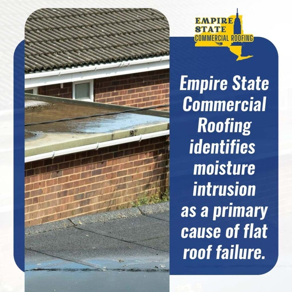 A flat commercial roof experiencing severe water pooling next to a brick building. The graphic includes text stating that Empire State Commercial Roofing identifies moisture intrusion as a primary cause of flat roof failure.