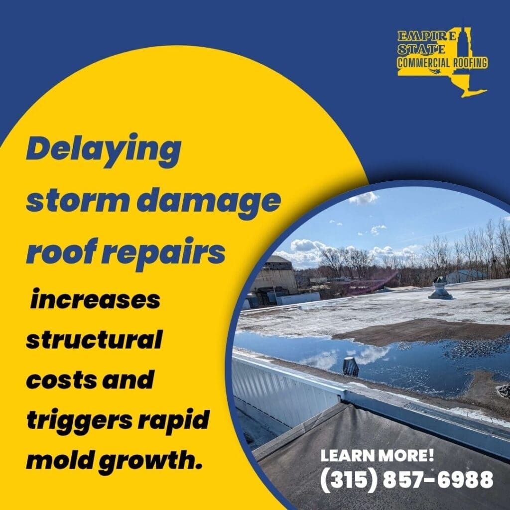 Storm-damaged roof awaiting repair in Rochester
